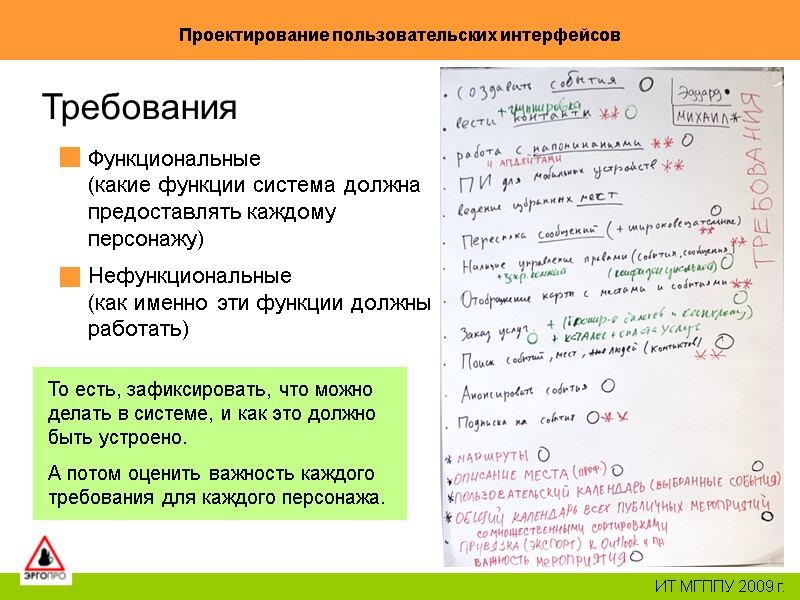 63 Проектирование пользовательских интерфейсов ИТ МГППУ 2009 г. Требования Функциональные (какие функции система 63 Проектирование пользовательских интерфейсов ИТ МГППУ 2009 г. Требования Функциональные (какие функции система